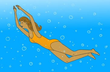 women in swimwear dive under water