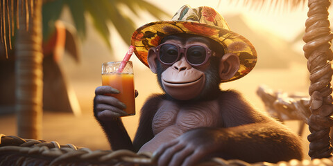 Monkey in a Hawaiian hat and sunglasses on the sea beach with a cocktail, summer vacation ai generated