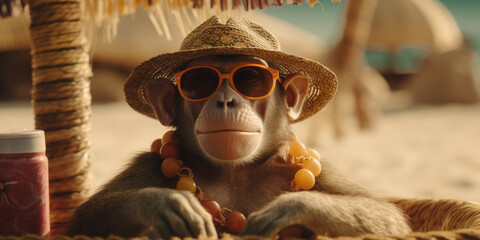 Portrait monkey in a Hawaiian straw hat and sunglasses on the beach, summer vacation by the sea, ai generated