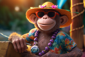 Portrait monkey in a Hawaiian straw hat and sunglasses on the beach, summer vacation by the sea, ai generated