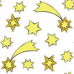 Seamless pattern of yellow stars in doodle flat style. Simple color background and texture on theme of night sky, space, astronomy, kids design