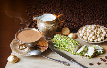 Sweets on the background of coffee on the table
