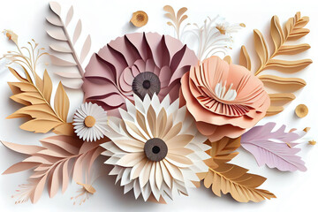 Rose, daisy, dahlia, butterfly and leaves in pastel color palette. Generative Ai