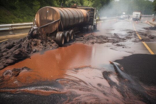 toxic sludge spilled from overturned tanker truck, polluting the roadside, created with generative ai