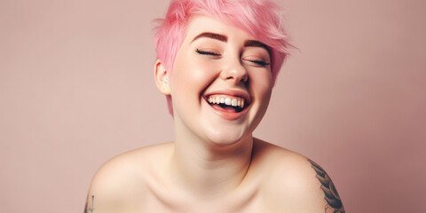 Body positivity, young overweight looking teenage with pink short hair and crooked teeth laughing with the eyes closed. Isolated Background. Generative AI