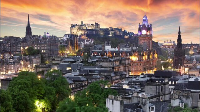 Scotland - Edinburgh skyline at dramatic sunset - UK, Time lapse