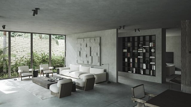 Minimalistic interior living room in gray tones with white sofa and armchairs around table and panoramic glazing near painting in style of post-modernism to advertise interior visualization services.