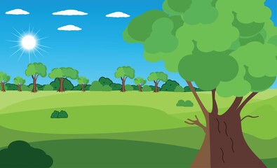 Vector nature landscape background,  colorful trees and sun green grass blue sky ,Cute simple  cartoon style. 