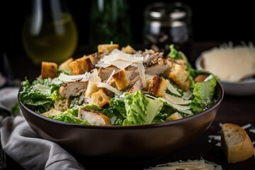 bowl of chicken caesar salad, topped with croutons and parmesan cheese, created with generative ai - obrazy, fototapety, plakaty