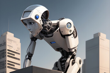 humanoid robot in front of a modern building in the city