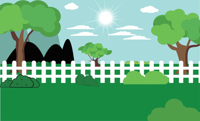 Vector nature landscape background. green grass colorful  trees sun mountains blue sky Cute simple cartoon style. 