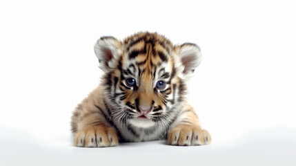 Amber Gaze: Radiant Baby Tiger on a White Background, created with Generative Al technology.