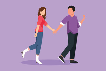 Fototapeta na wymiar Graphic flat design drawing young romantic couple man and pretty woman walking and holding hand together at park. Happy family husband and wife or parenting concept. Cartoon style vector illustration