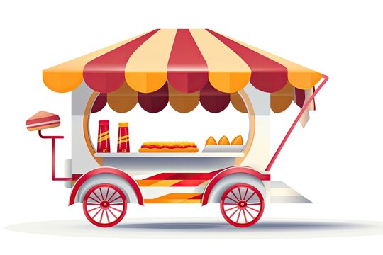 The hot dog cart is depicted on a white background, street food. Generative AI
