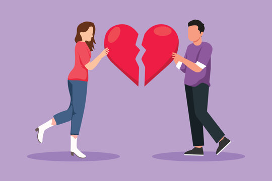 Character Flat Drawing Of Lovers Broken Heart. Young Man And Woman Pulled Apart Causing Each Other Feel Great Sorrow, Couple In Disagreement At End Of Relationship. Cartoon Design Vector Illustration