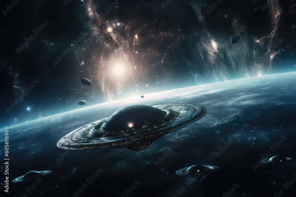 Wall mural alien life form floating in space, with view of distant planets and stars, created with generative a