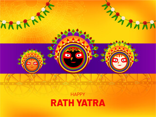 Colorful traditional Vector Illustration of Lord Jagannath, Balabhadra and Subhadra for the celebration of Rath yatra.