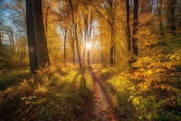 autumn forest trail, with view of the sun shining through the trees, created with generative ai