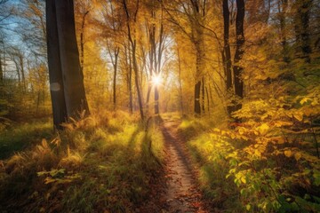 Naklejka premium autumn forest trail, with view of the sun shining through the trees, created with generative ai