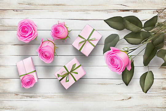 Six pink roses and giftbox on rustic white wooden background, bright color. Generative Ai