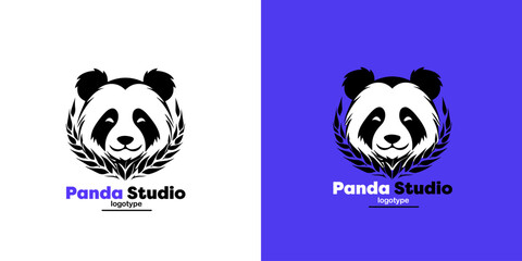 Panda vector logo illustration on blue and white background. Panda's head logotype. Cute animal face sign design template.