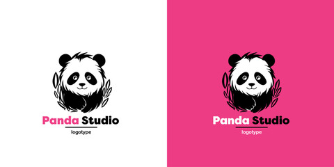 Panda vector logo illustration on pink and white background. Panda's head logotype. Cute animal face sign design template