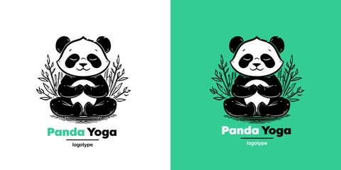 Fototapeta premium Vector Logo Illustration Panda Simple Mascot of Yoga Style. Logotype mark design template on white and green 