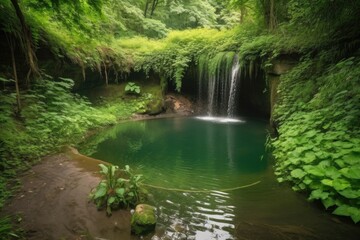 majestic waterfall crashing into calm pond, surrounded by lush greenery, created with generative ai