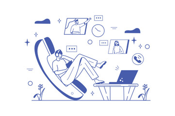 Call center line concept with people scene in the flat cartoon style. A call center employee communicates with customers by phone. Vector illustration.