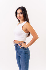 Brunette woman on a white background, casting studio shot, portrait of attractive young woman
