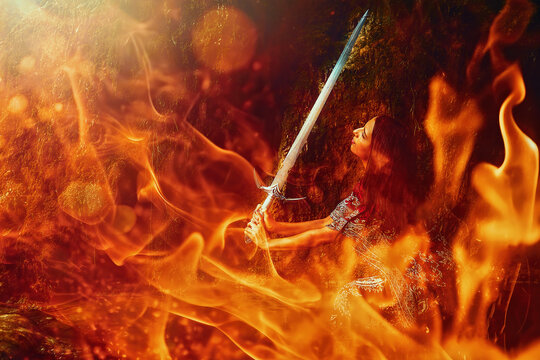 Woman with sword on a beautiful fiery background