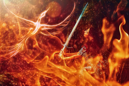 Woman with sword on a beautiful fiery background with a phoenix