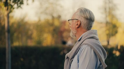 Relaxed senior man in glasses walking in city park, enjoying nature and rest - Powered by Adobe