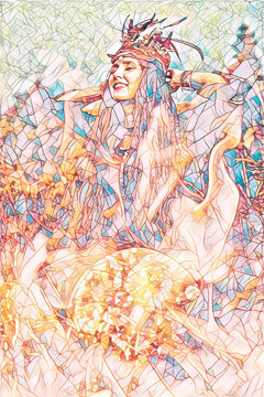 beautiful shamanic girl playing on shaman frame drum in the nature. Mosaic effect