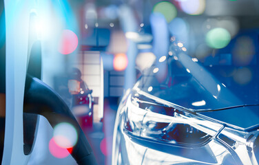 Electric vehicle charging station and EV car in a showroom. Electric vehicle dealership. Clean and...