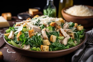 platter of chicken caesar salad, topped with shredded cheese and croutons, created with generative ai - obrazy, fototapety, plakaty