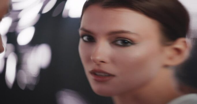 Young Sensual Model Poses with Grace and Poise, Her Looks Complementing Cyber Abstract Background and Distorted Mirror Image, Resulting in a Radiant Fashionable Beauty Footage