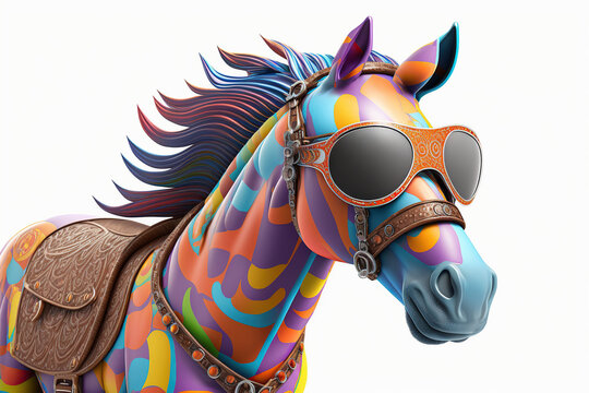 Cartoon colorful horse in sunglasses on isolated background, generative ai