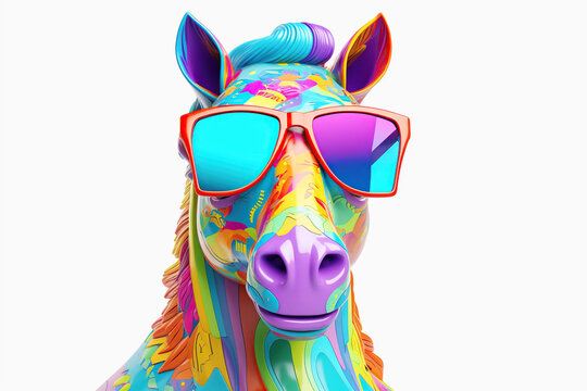 Cartoon colorful horse in sunglasses on isolated background, generative ai