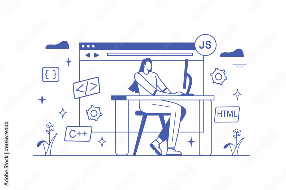 Poster programing software line concept with people scene in the flat cartoon style. a programmer works on 