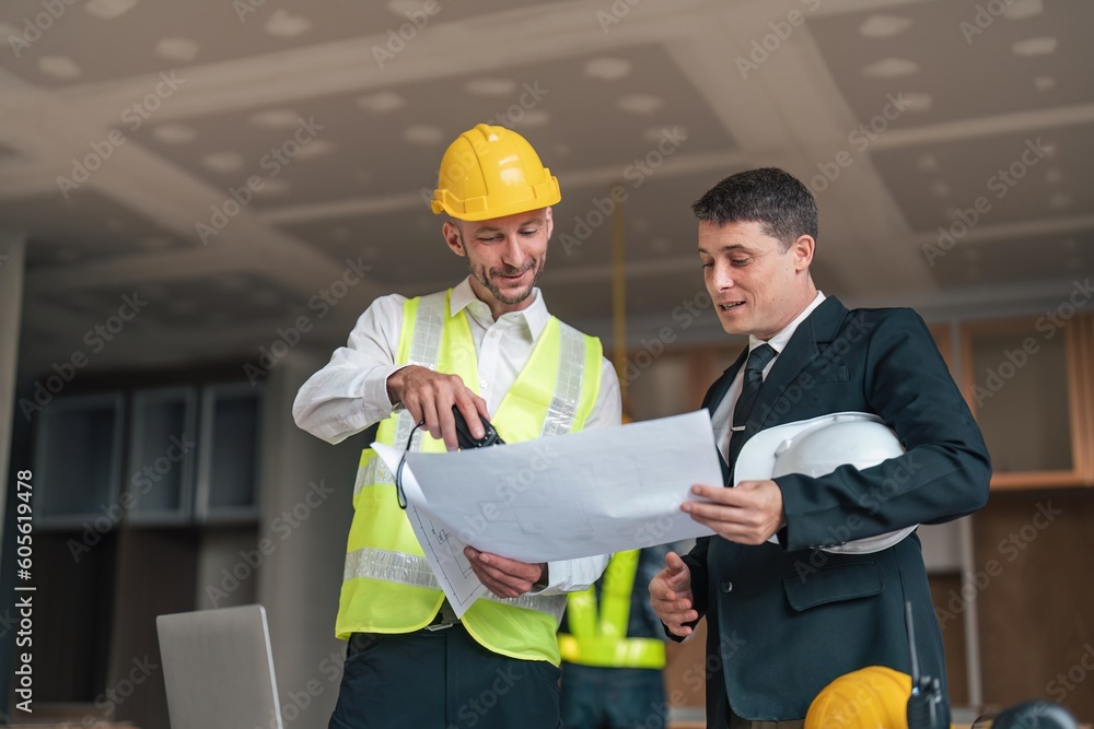 Poster professional construction engineers team using blueprint of project plan brainstorming and working t
