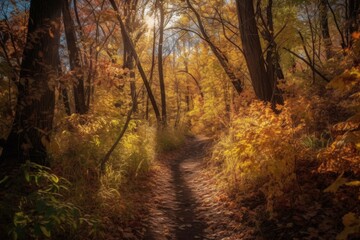 Obraz premium forest trail with colorful leaves and golden sunlight streaming through the trees, created with generative ai