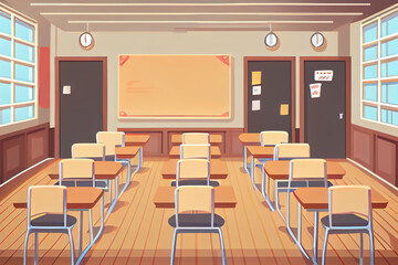 back to school concept.Empty elementary class room with chairs ,tables and student. Generative Ai