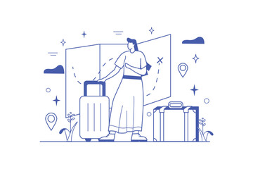 Traveling line concept with people scene in the flat cartoon design. The girl goes on a long journey. Vector illustration.