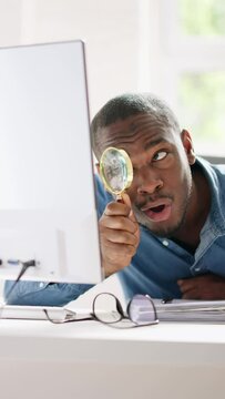 Looking With Magnifying Glass. Man Searching And Spying