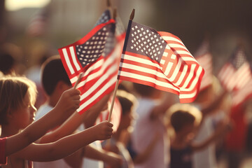Children waving American flags in a parade, Independence Day, bokeh Generative AI