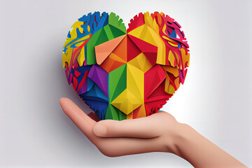 Hands holding colorful heart on white background. World autism awareness day concept. Generative Ai