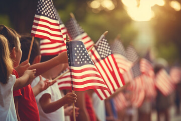 Children waving American flags in a parade, Independence Day, bokeh Generative AI