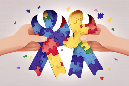 Hands holding puzzle ribbon, World Autism Awareness Day, Autism spectrum disorder. Generative Ai