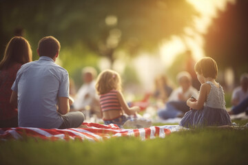 Families enjoying a picnic in a local park, Independence Day, bokeh Generative AI